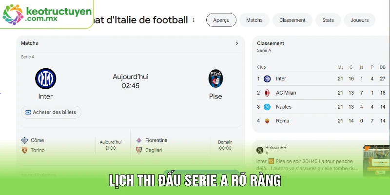Lịch thi đấu Serie A rõ ràng
